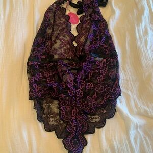 Floral Lace Sheer bodysuit in Purple and Black